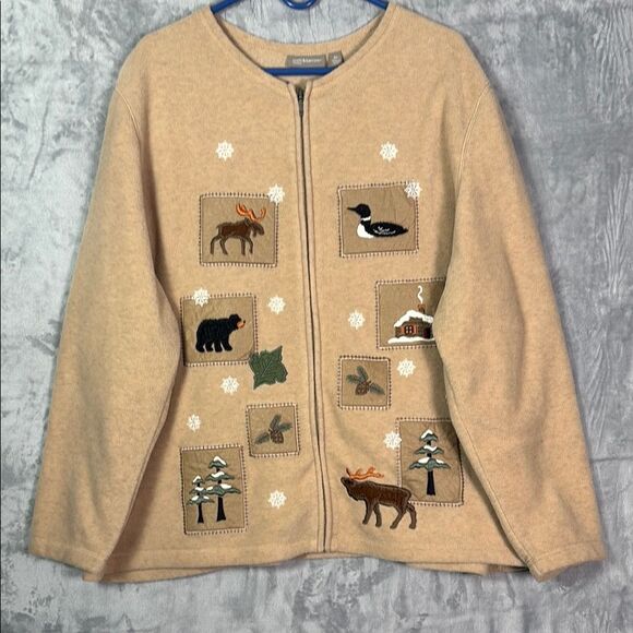 Croft & Barrow Beige Fleece Winter Christmas Patches Full Zip Sweater Size 3X - Picture 1 of 8